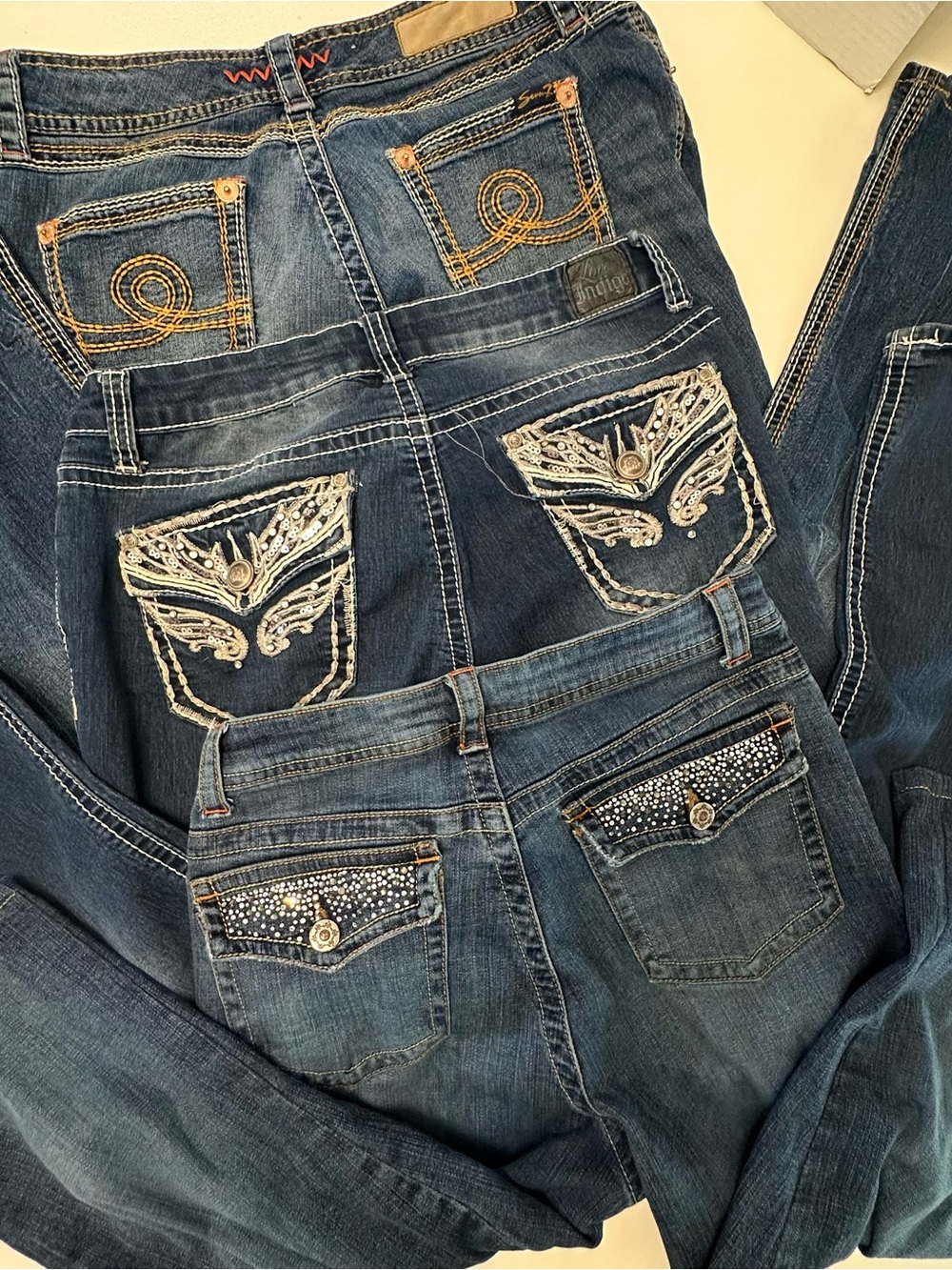 Women’s Dark Blue Embellished Pocket Jeans x3 size 10 1 pair capri, boot cut - Picture 2 of 16